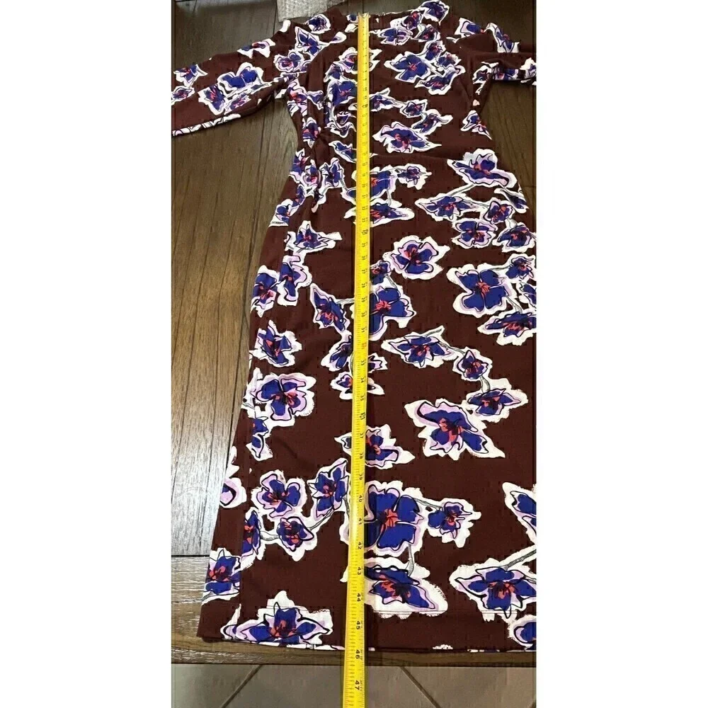 Tanya Taylor Brown Amara Floral Brown & Blue Midi Dress, 3/4 sleeves, Sz  Med
